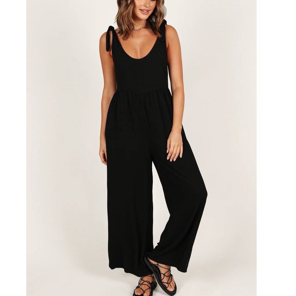 Petal & Pup Black Ayla Linen‎ Jumpsuit Wide Leg Tie Shoulder XS Coastal European